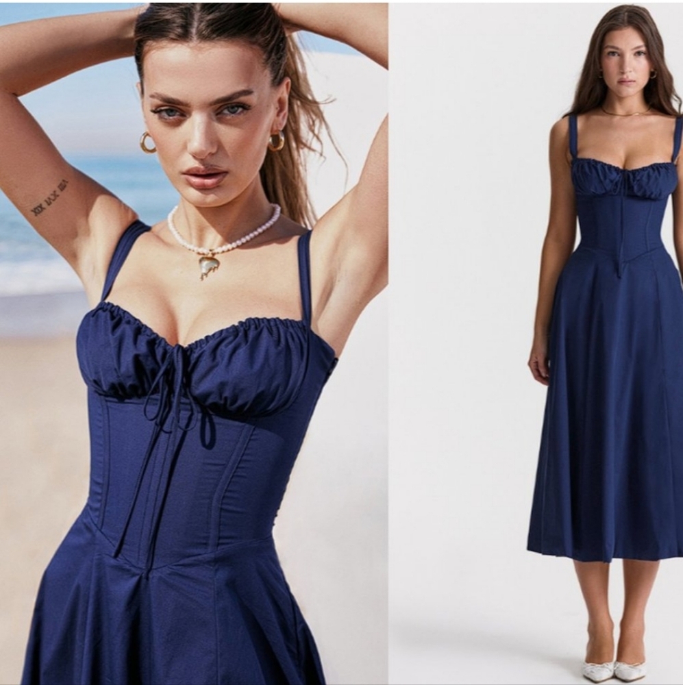 Carmen french navy midi laceup corset dress